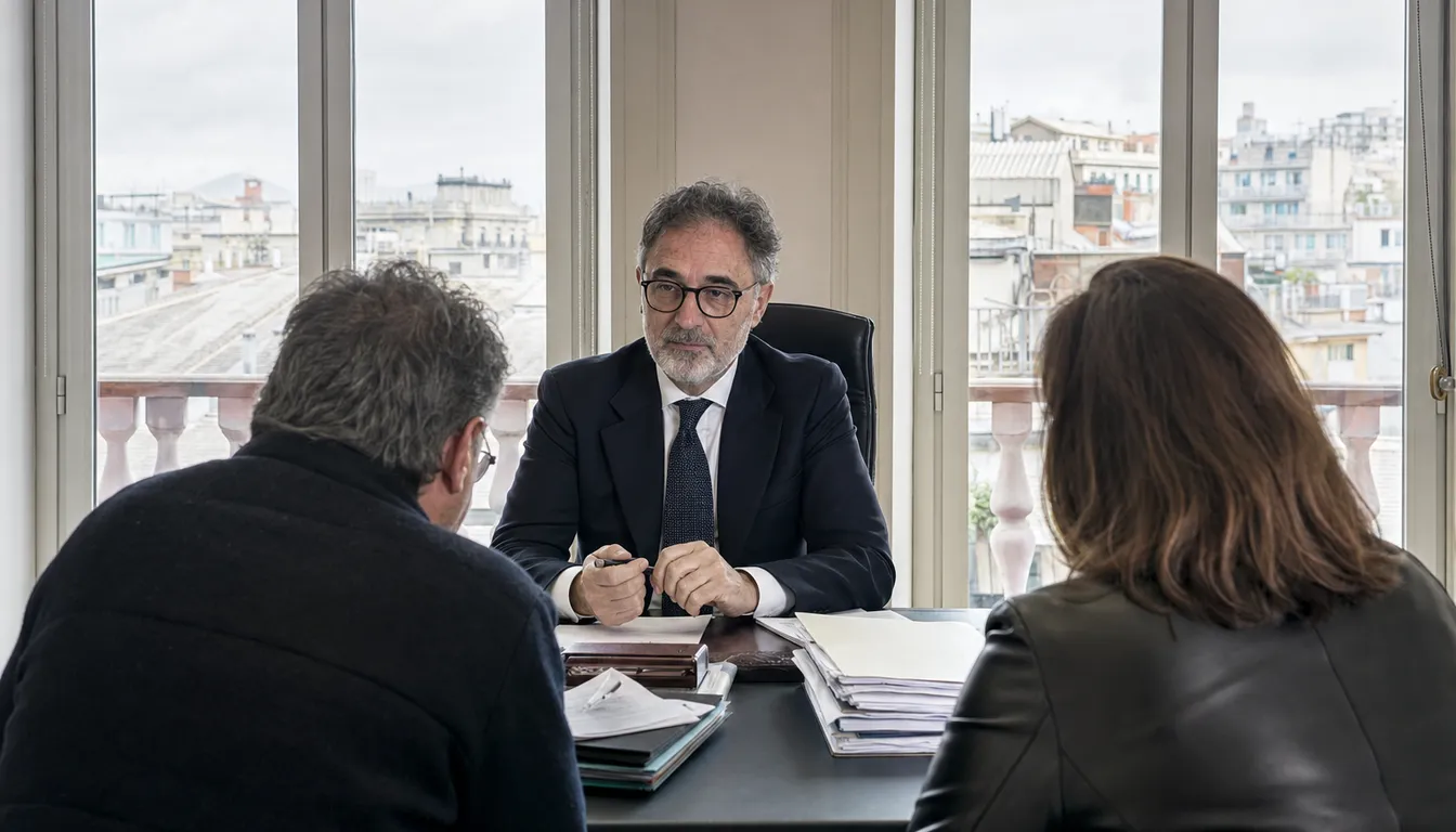 L'avvocato ascolta due clienti nello studio con vista sui tetti di Genova